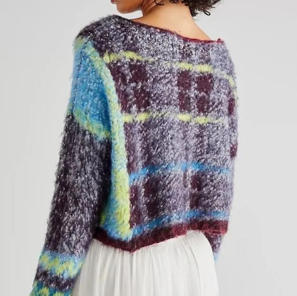 Free People Women's Emerson Plaid Crop Pullover Sweater size L - Picture 5 of 17